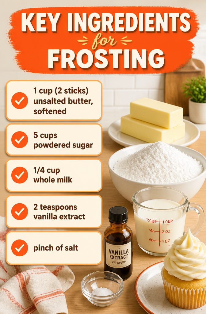 White Cake and Frosting Recipe 4 Ingredients for frosting, including unsalted butter and powdered sugar.