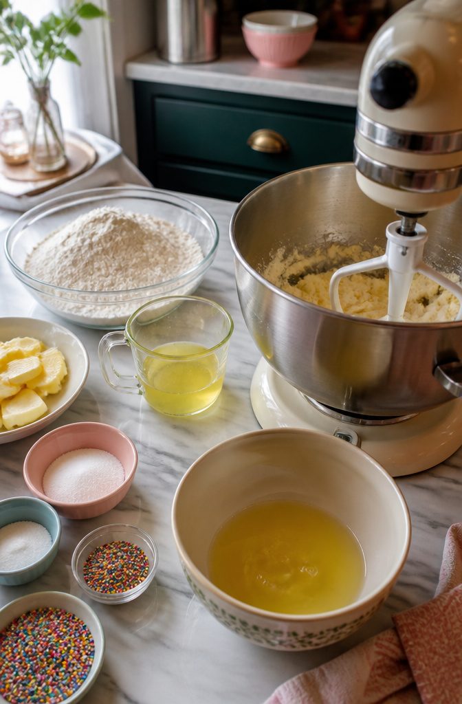 White Cake and Frosting Recipe 9 Ingredients for white cake arranged on a countertop, including butter and flour.