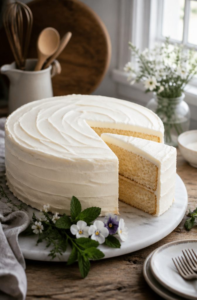 White Cake and Frosting Recipe 2 White cake on a wooden table with buttercream frosting and edible flowers.