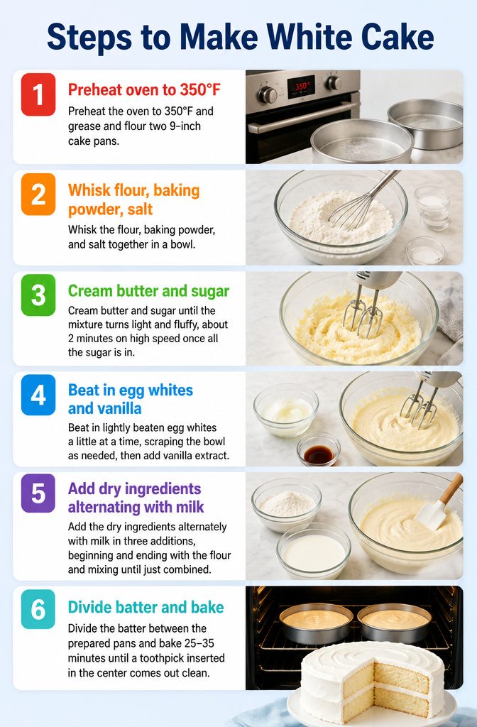 White Cake and Frosting Recipe 5 Instructions for making white cake, including mixing and baking steps.