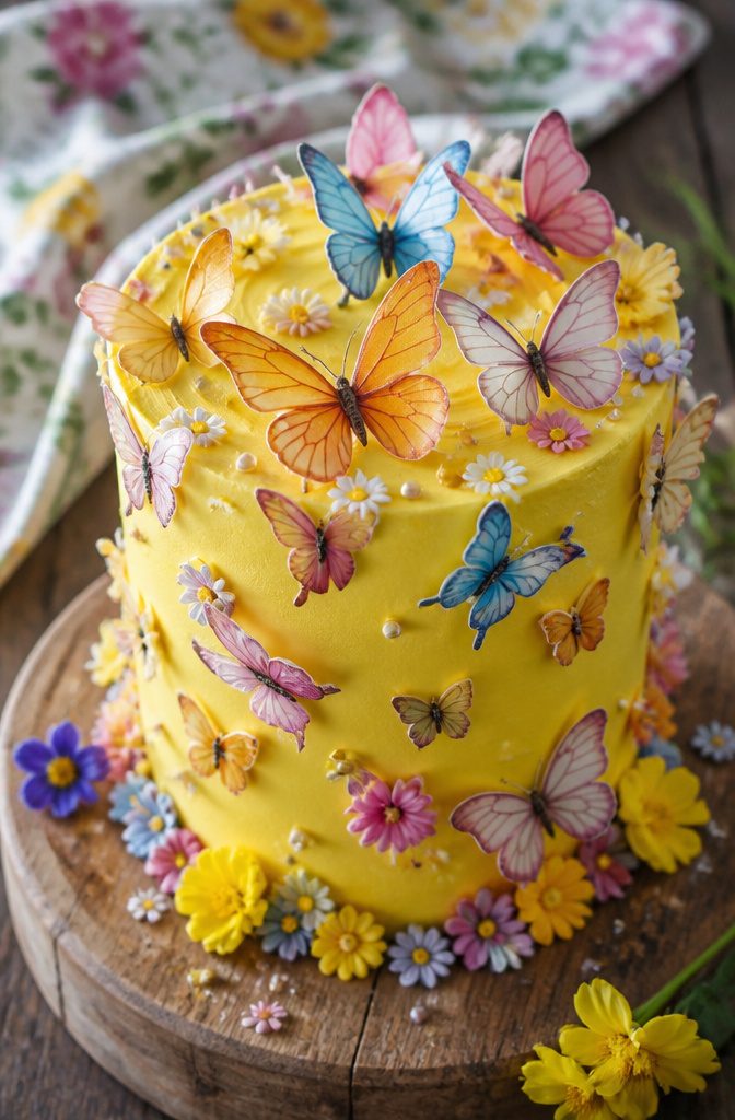 Yellow Butterfly Cake Recipe, Decorations & Flavor Variations 5 Yellow butterfly cake decorated with edible sugar butterflies.