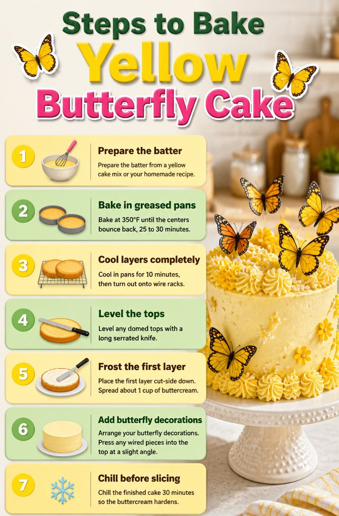 Yellow Butterfly Cake Recipe, Decorations & Flavor Variations 4 Instructions for baking yellow butterfly cake with baking times.