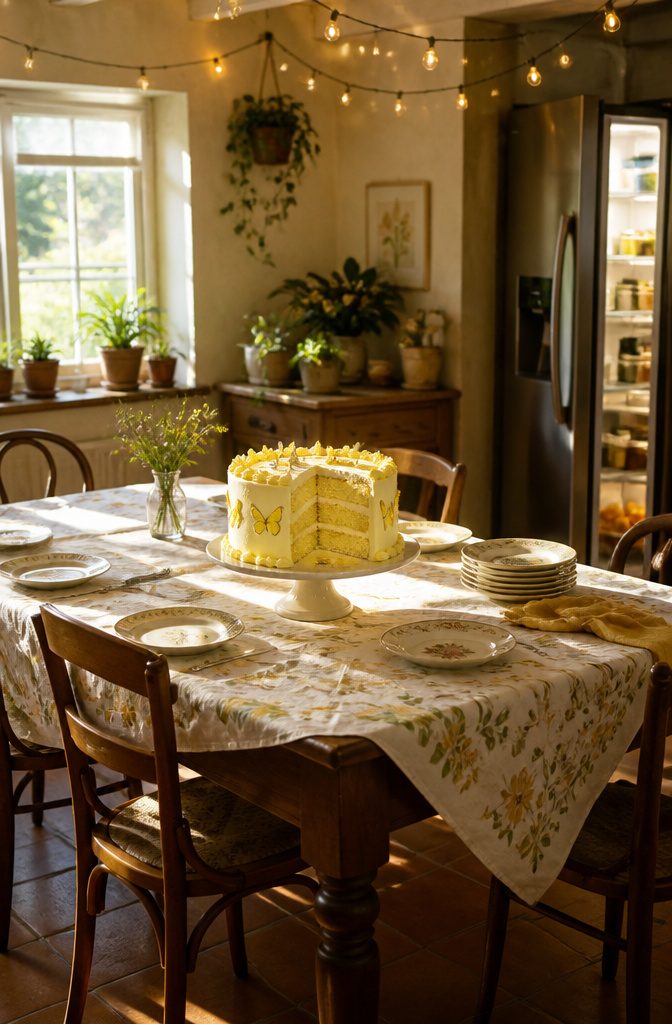 Yellow Butterfly Cake Recipe, Decorations & Flavor Variations 7 Yellow butterfly cake cut into slices on a serving plate.