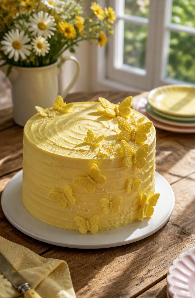 Yellow Butterfly Cake Recipe, Decorations & Flavor Variations 2 Yellow butterfly cake with buttercream frosting and decorative butterflies.